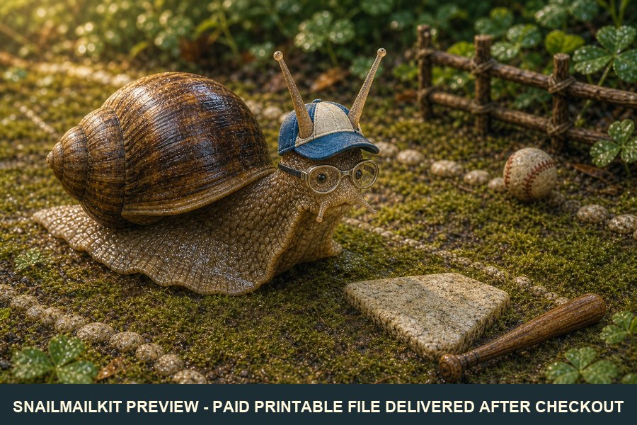 Cute illustrated baseball snail postcard with cap and bat