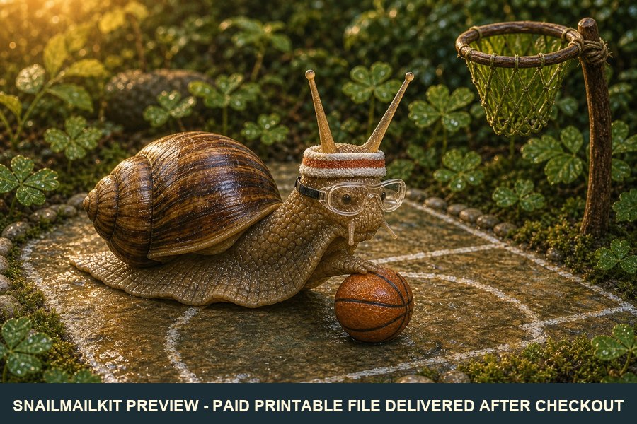 Cute illustrated basketball snail postcard with orange ball