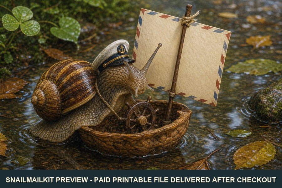Cute illustrated boat captain snail postcard on water