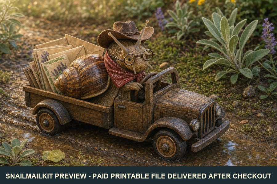Cute illustrated cowboy snail postcard with little truck