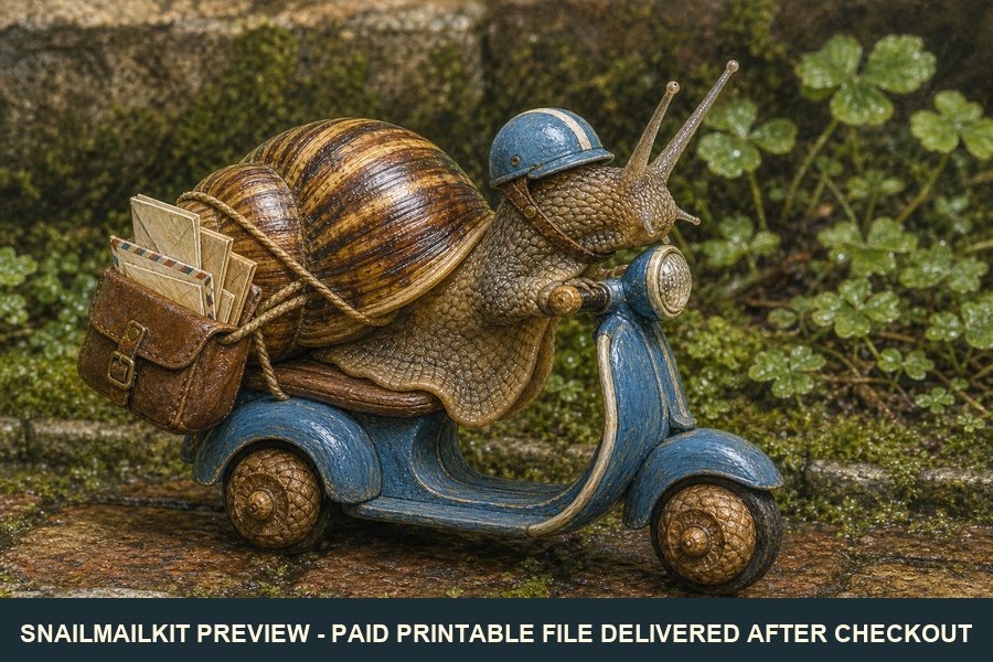 Cute illustrated delivery scooter snail postcard with mail bag