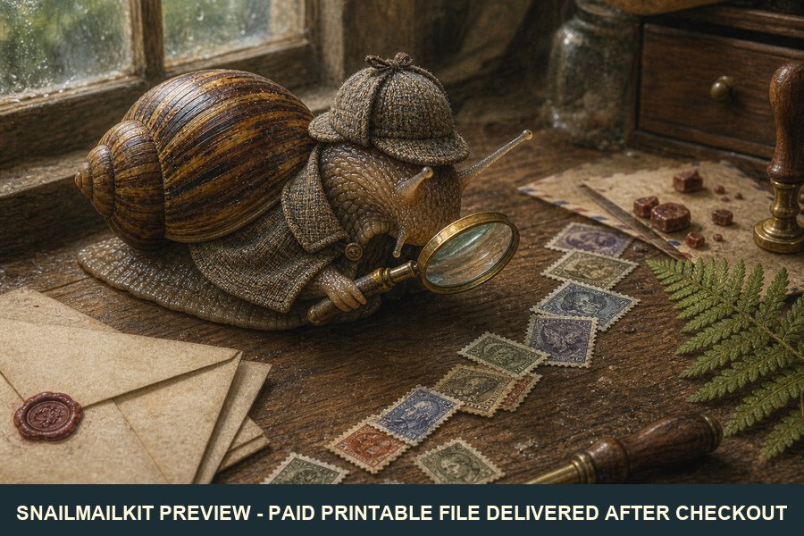 Cute illustrated detective snail postcard with hat and magnifier