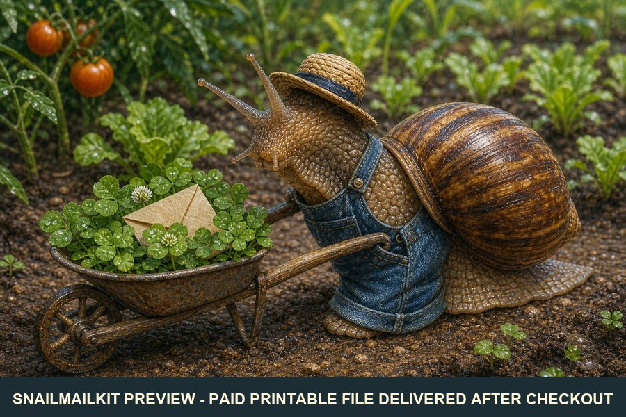 Cute illustrated gardener snail postcard with plants and tools