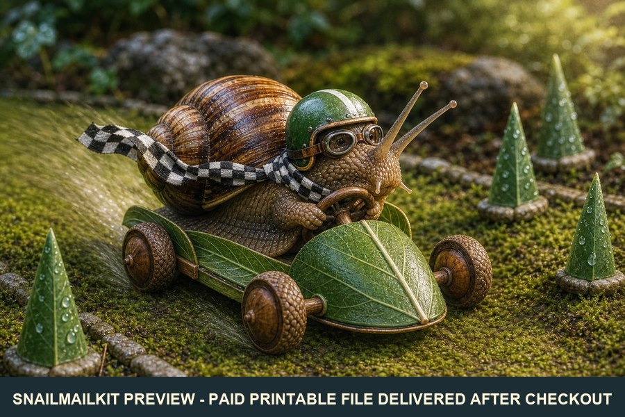 Cute illustrated leaf racer snail postcard with speedy leaf vehicle