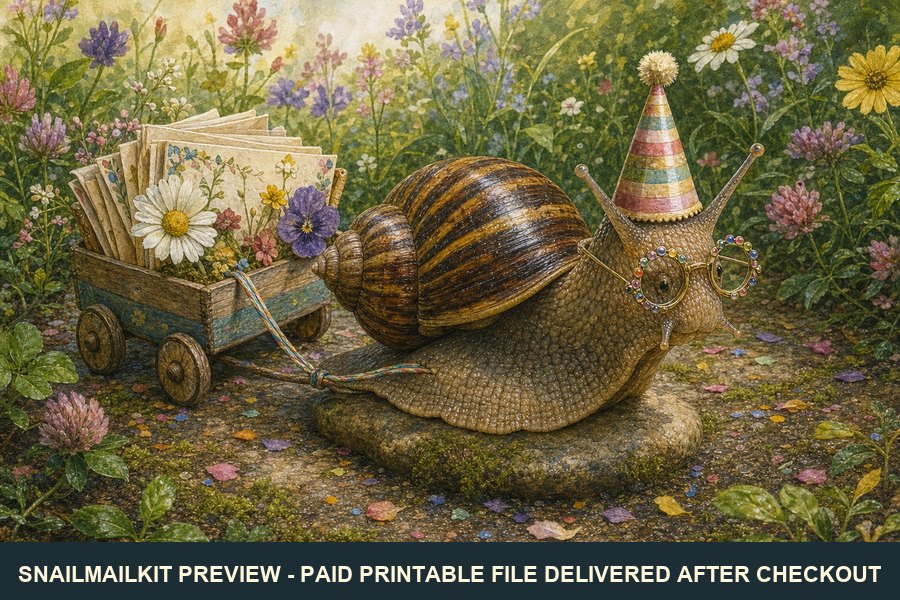 Cute illustrated party wagon snail postcard with celebration colors