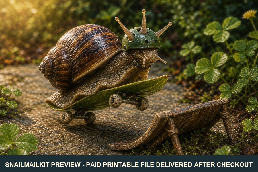 Cute illustrated skateboard snail postcard rolling on a board