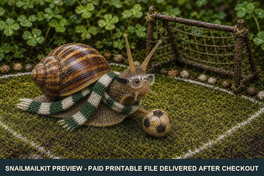Cute illustrated soccer snail postcard with ball and green pitch