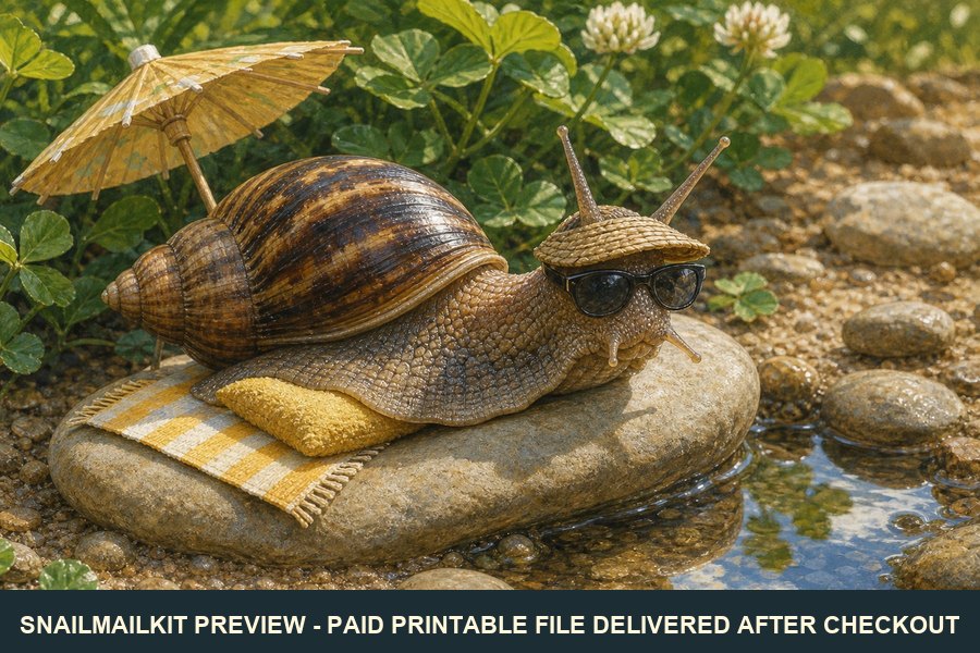 Cute illustrated summer snail postcard wearing sunglasses
