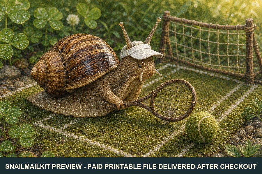 Cute illustrated tennis snail postcard with racket and ball