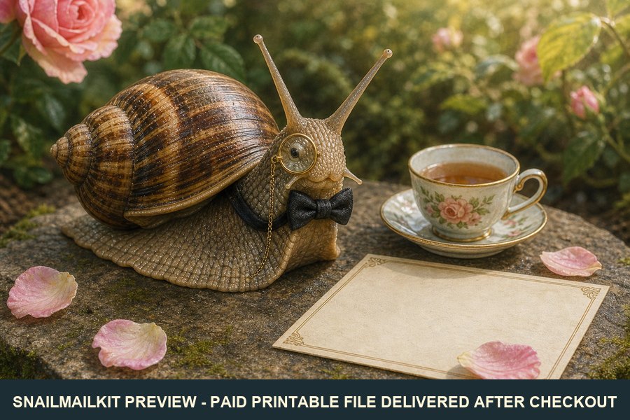 Cute illustrated tuxedo snail postcard having tea