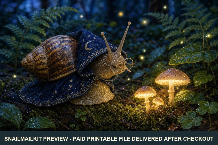 Cute illustrated wizard snail postcard with pointed hat