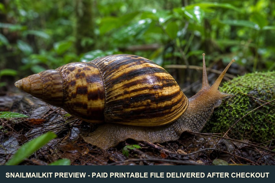 Giant snail postcard of a tiger-striped giant land snail in a rainforest