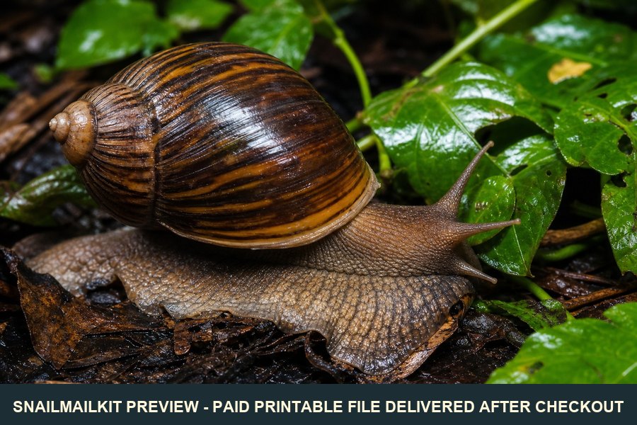 Giant snail postcard of a giant African land snail on wet tropical leaves