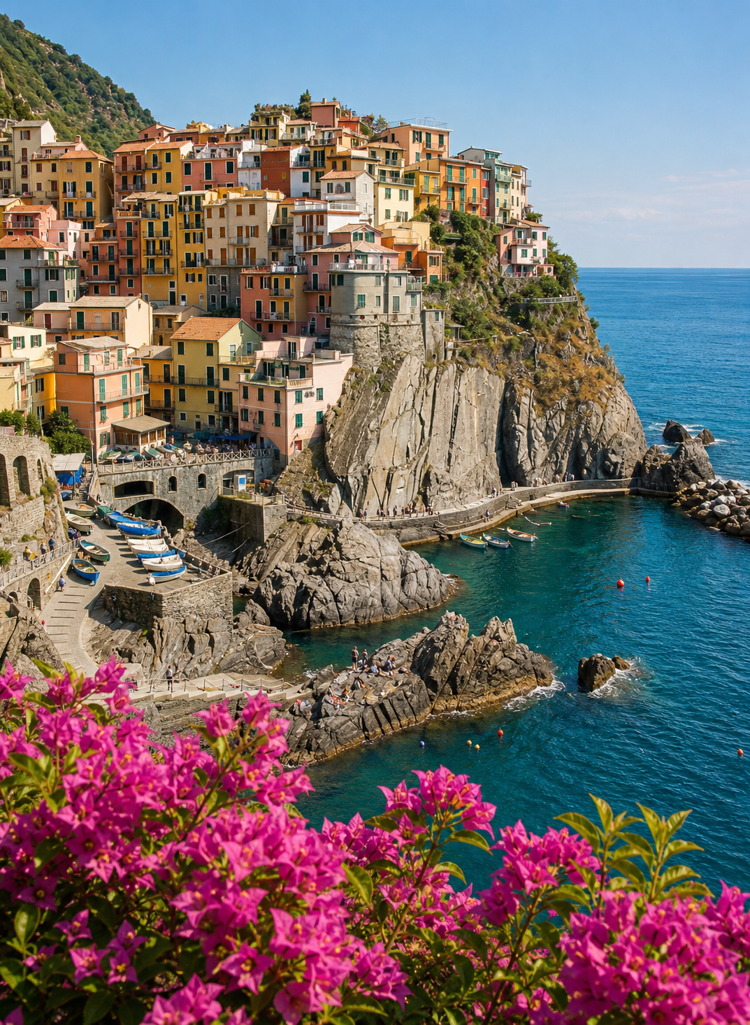 Colorful coastal village postcard with cliffs, sea, and flowers