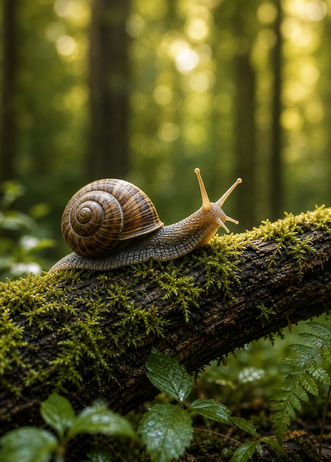 Forest snail postcard with a real snail on mossy green woodland bark