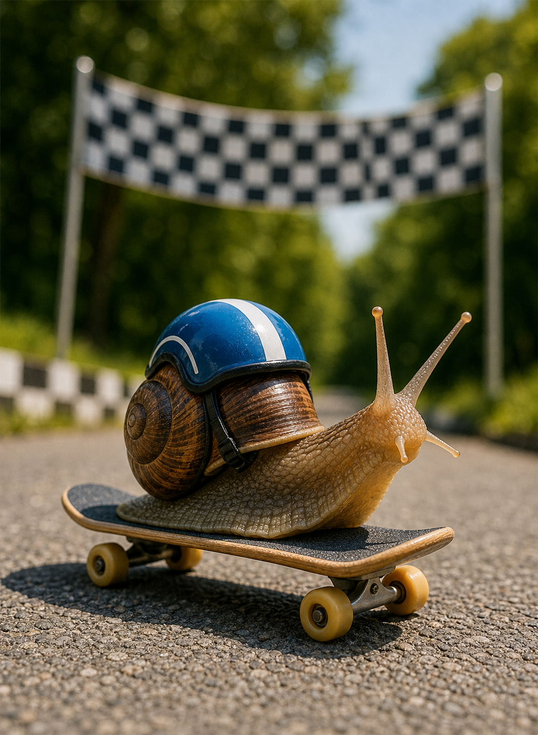 Playful snail champs postcard with a realistic snail riding a skateboard