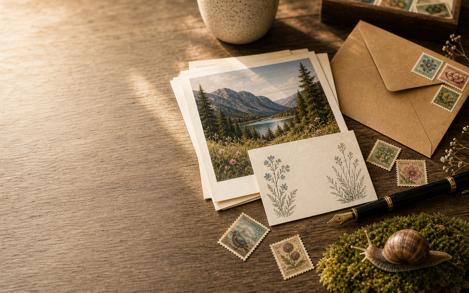 Warm writing desk with postcards, envelope, stamps, fountain pen, moss, and a real snail